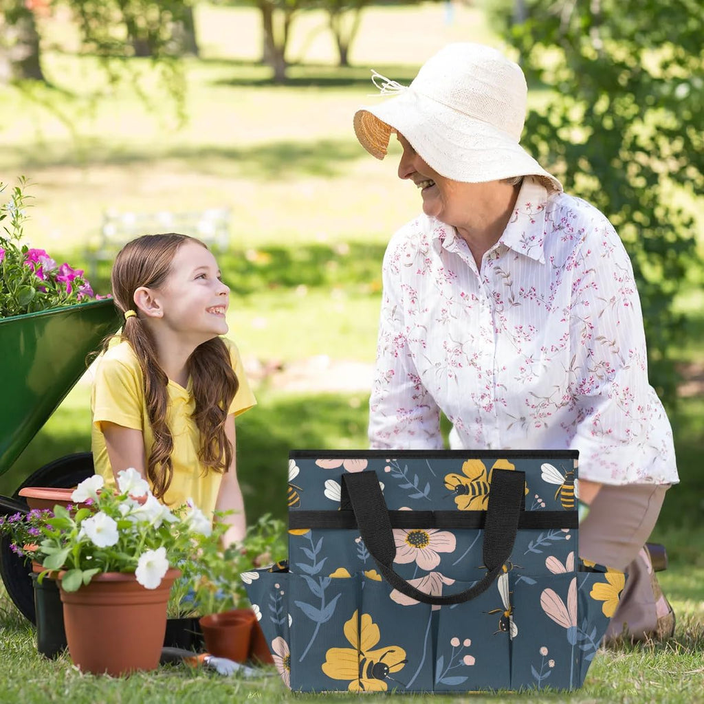 Garden Tote Bag with Pockets Bee Flower Gardening Bags for Tools Organizer Heavy Duty Storage Bag with Handle for Lawn