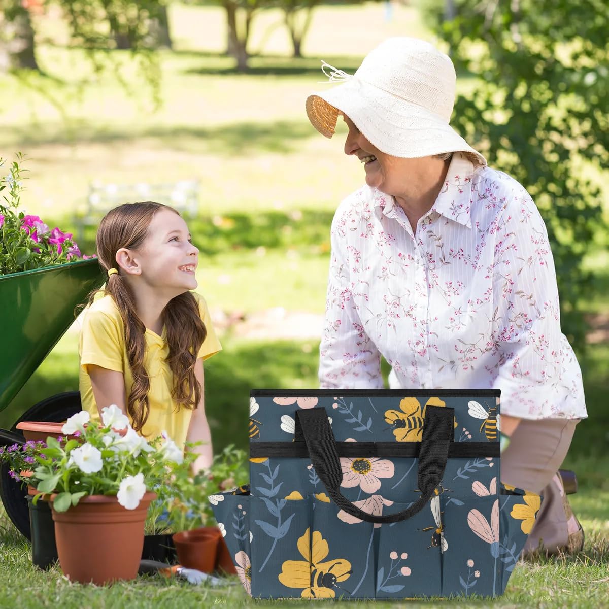 Garden Tote Bag with Pockets Bee Flower Gardening Bags for Tools Organizer Heavy Duty Storage Bag with Handle for Lawn