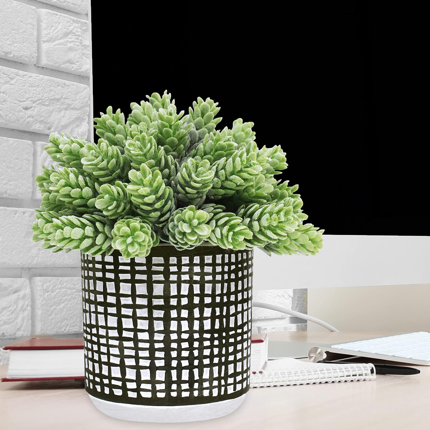 Winlyn 3 Pcs Small Potted Plants Artificial Succulents Hanging Plants and Faux Tropical Snake Plant in Black Geometric