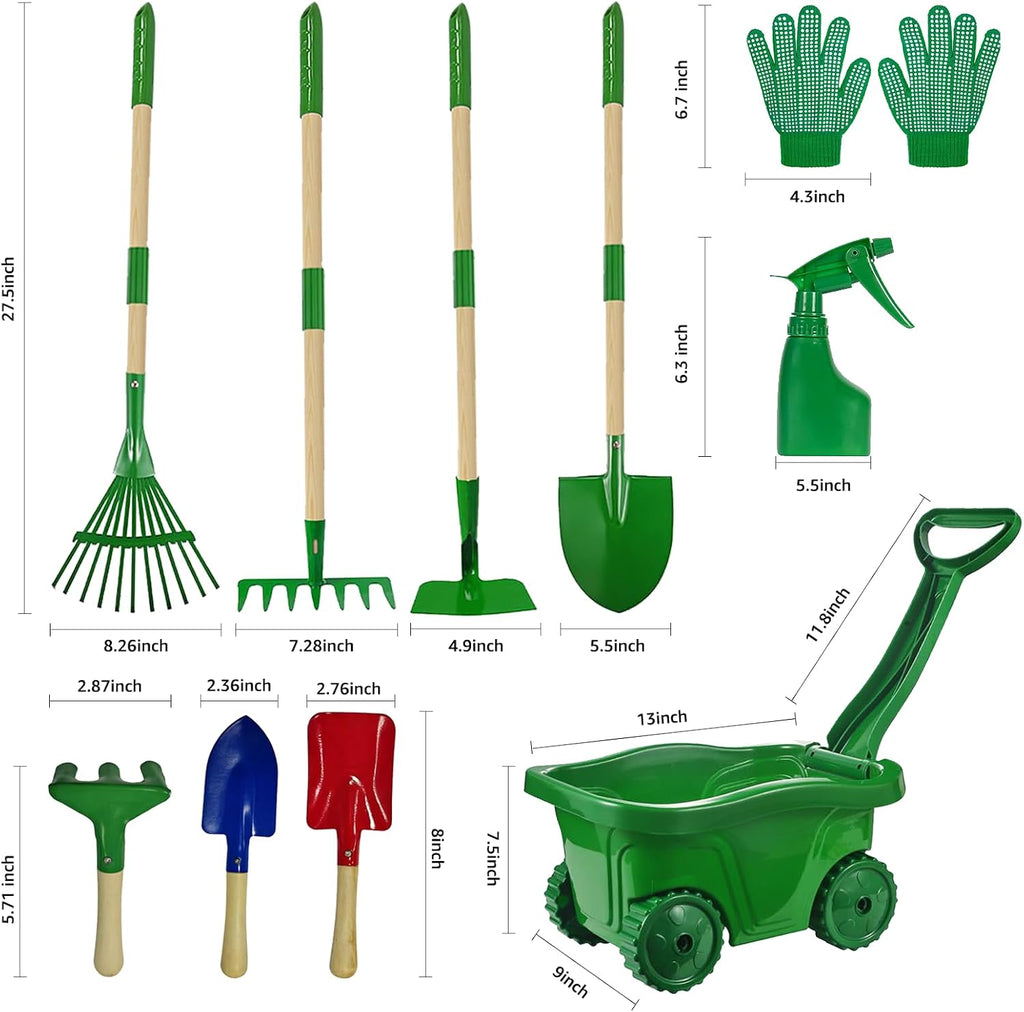 VICHTOP 10Pcs Kids Gardening Tools Set - Wheelbarrow Toys with Shovel, Rake, Hoe and Leaf Rake for Outdoor Backyard