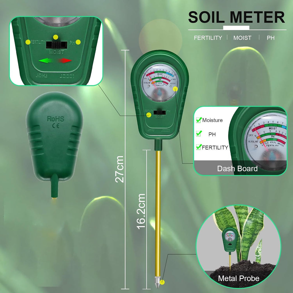 3-in-1 Soil Test Kit, Soil Moisture Meter/Soil ph Meter/Fertility Soil Tester, Soil Hygrometer for Garden, Farm, Plant