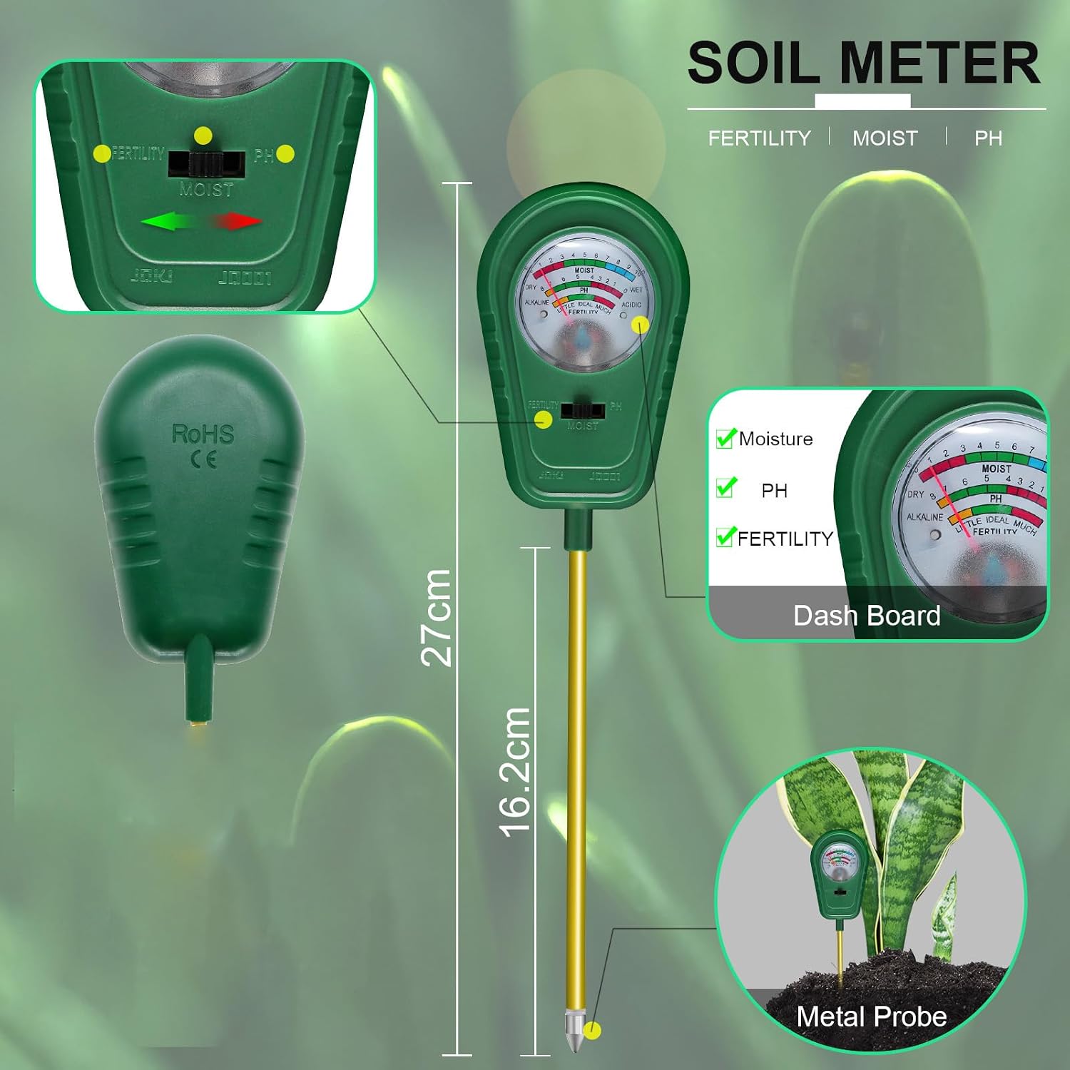 3-in-1 Soil Test Kit, Soil Moisture Meter/Soil ph Meter/Fertility Soil Tester, Soil Hygrometer for Garden, Farm, Plant