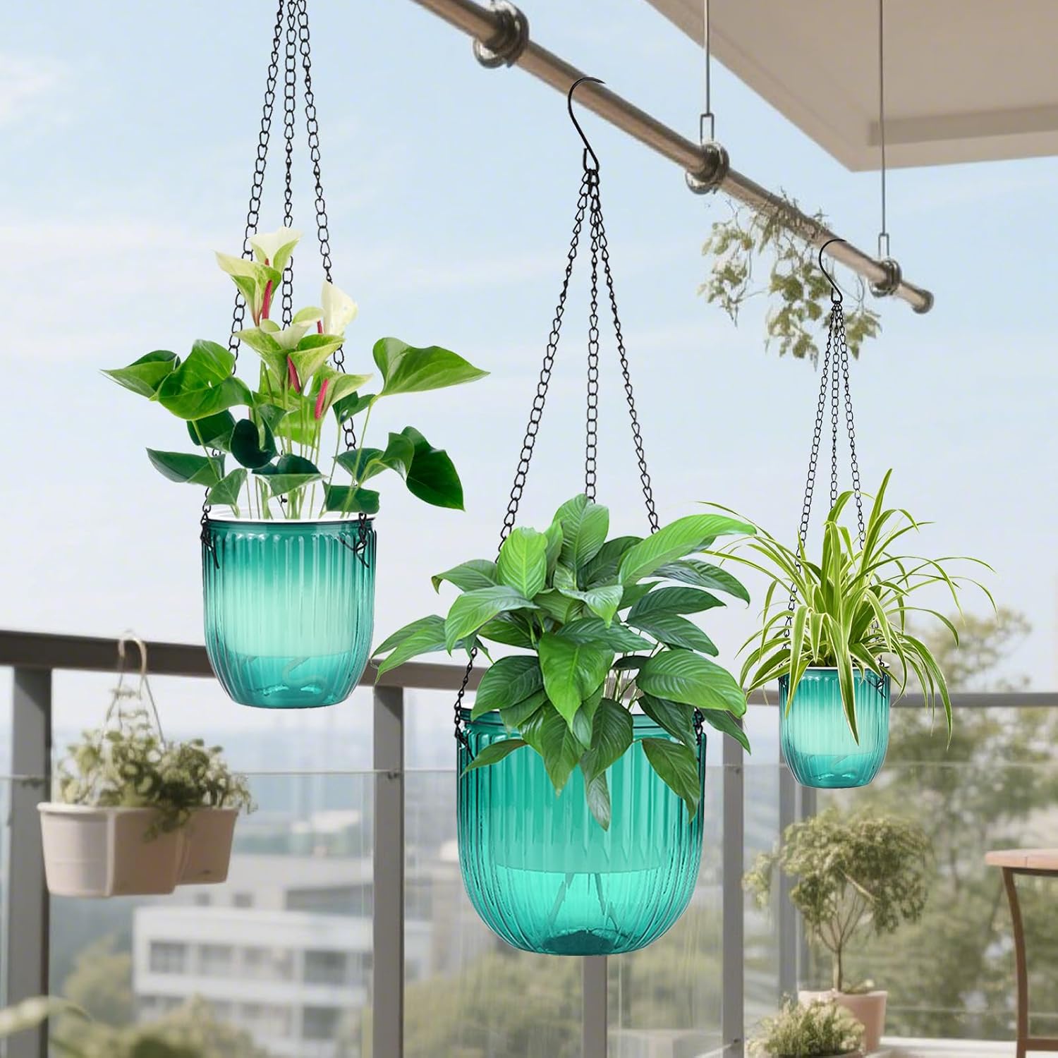 4 Pack Self Watering Hanging Planters with Drainage Holes Green