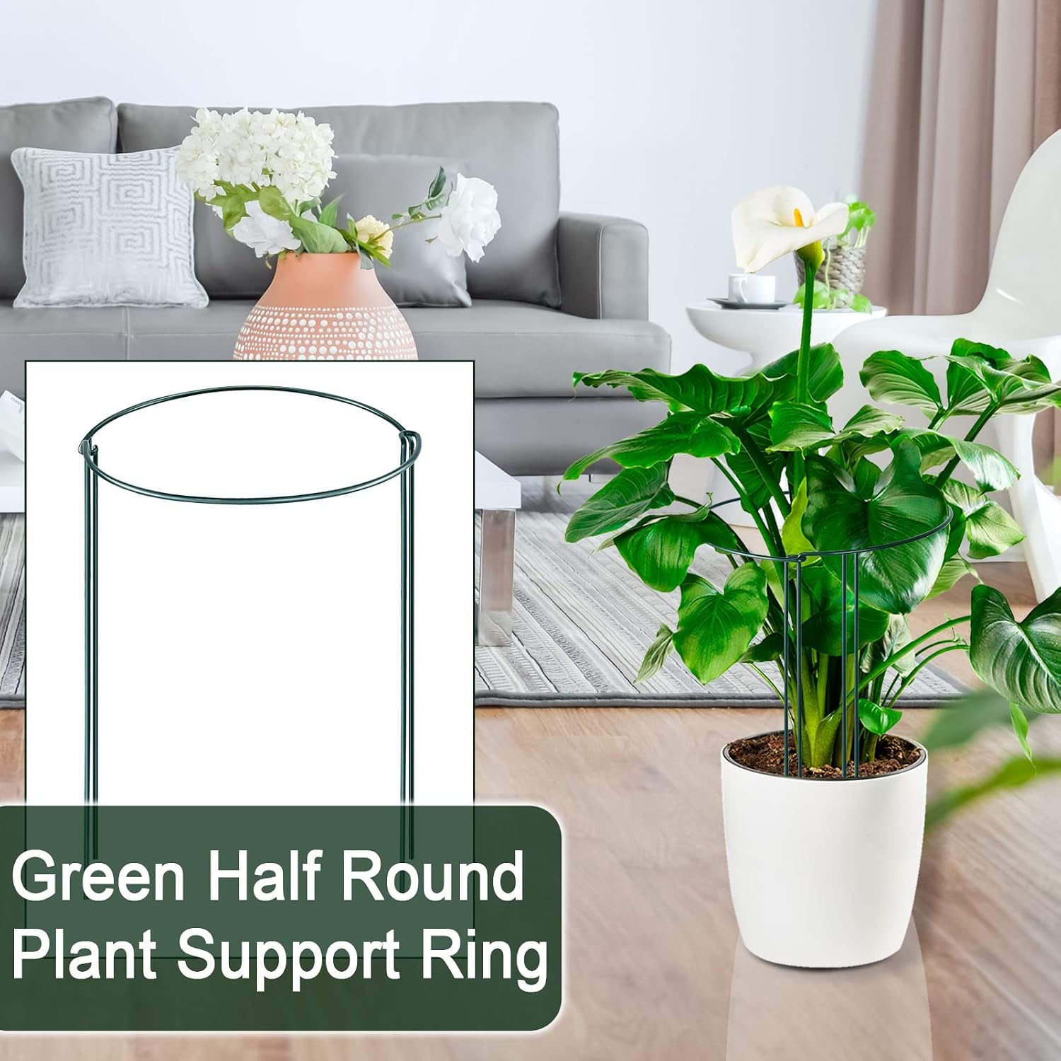 12 Pack 24 Inch Tall Plant Support Stakes, 10" W x 24" H Half Round Peony Cages and Support, Heavy Duty Green Plant