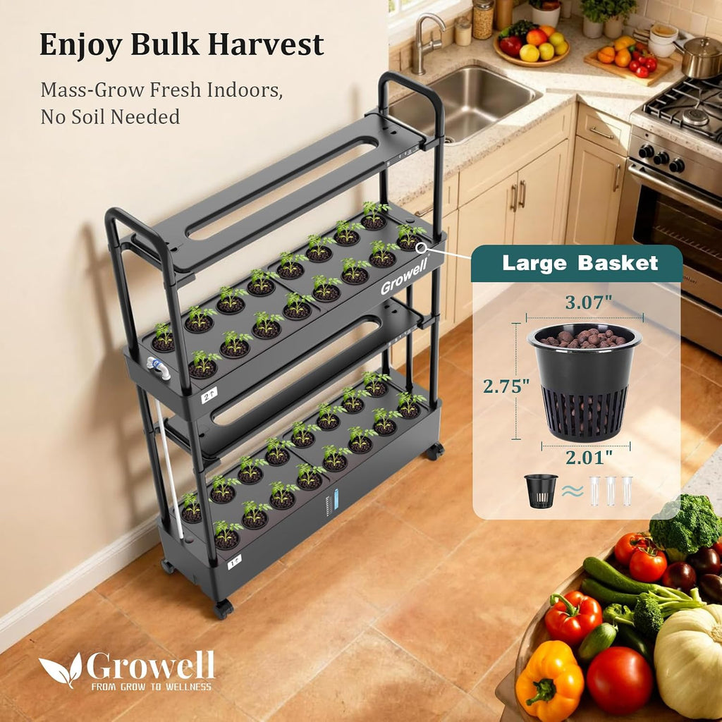 Growell Large Basket Hydroponics Growing System Kit, 32 Pods Vertical Hydroponic Garden with 2 Grow Light Modes, Auto