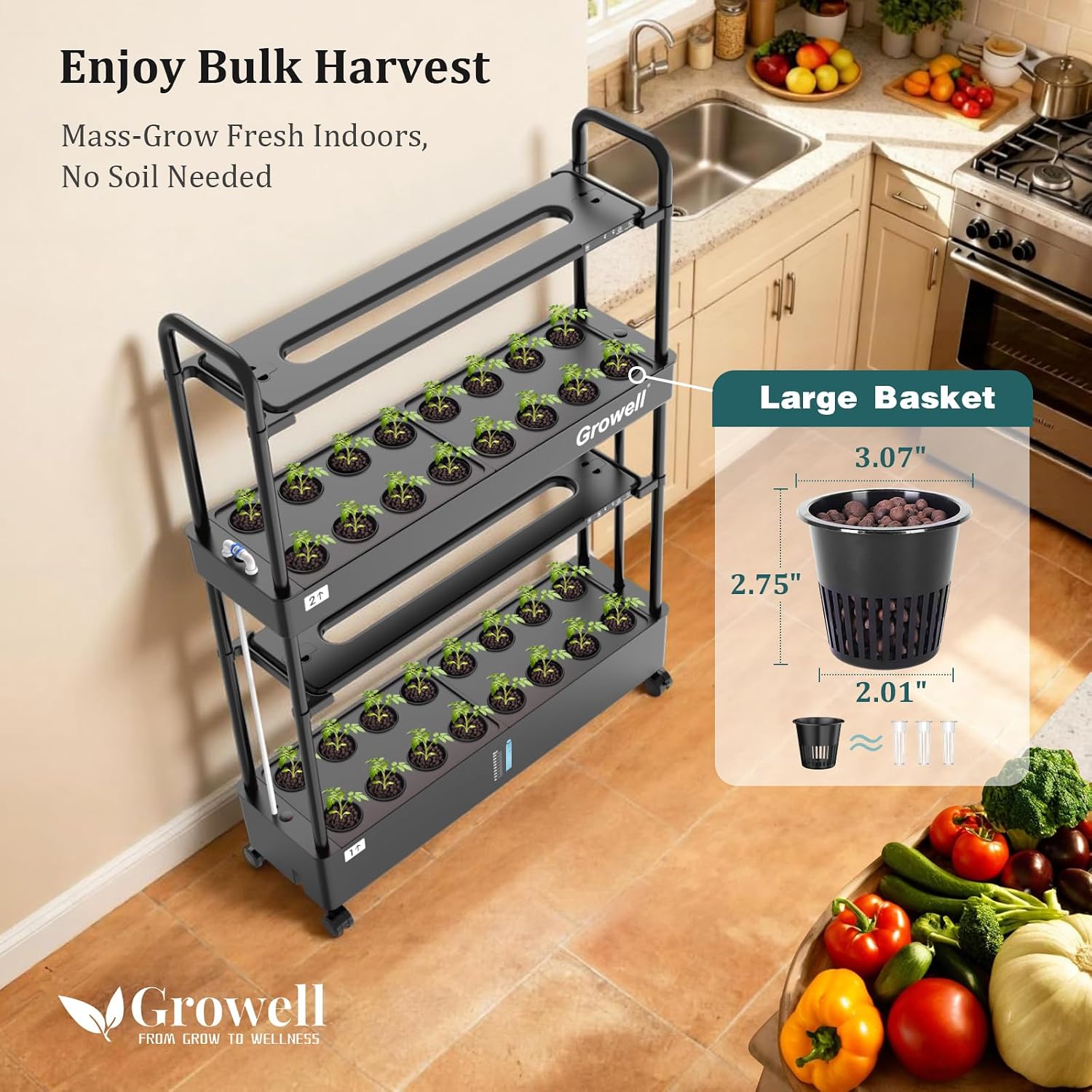 Growell Large Basket Hydroponics Growing System Kit, 32 Pods Vertical Hydroponic Garden with 2 Grow Light Modes, Auto