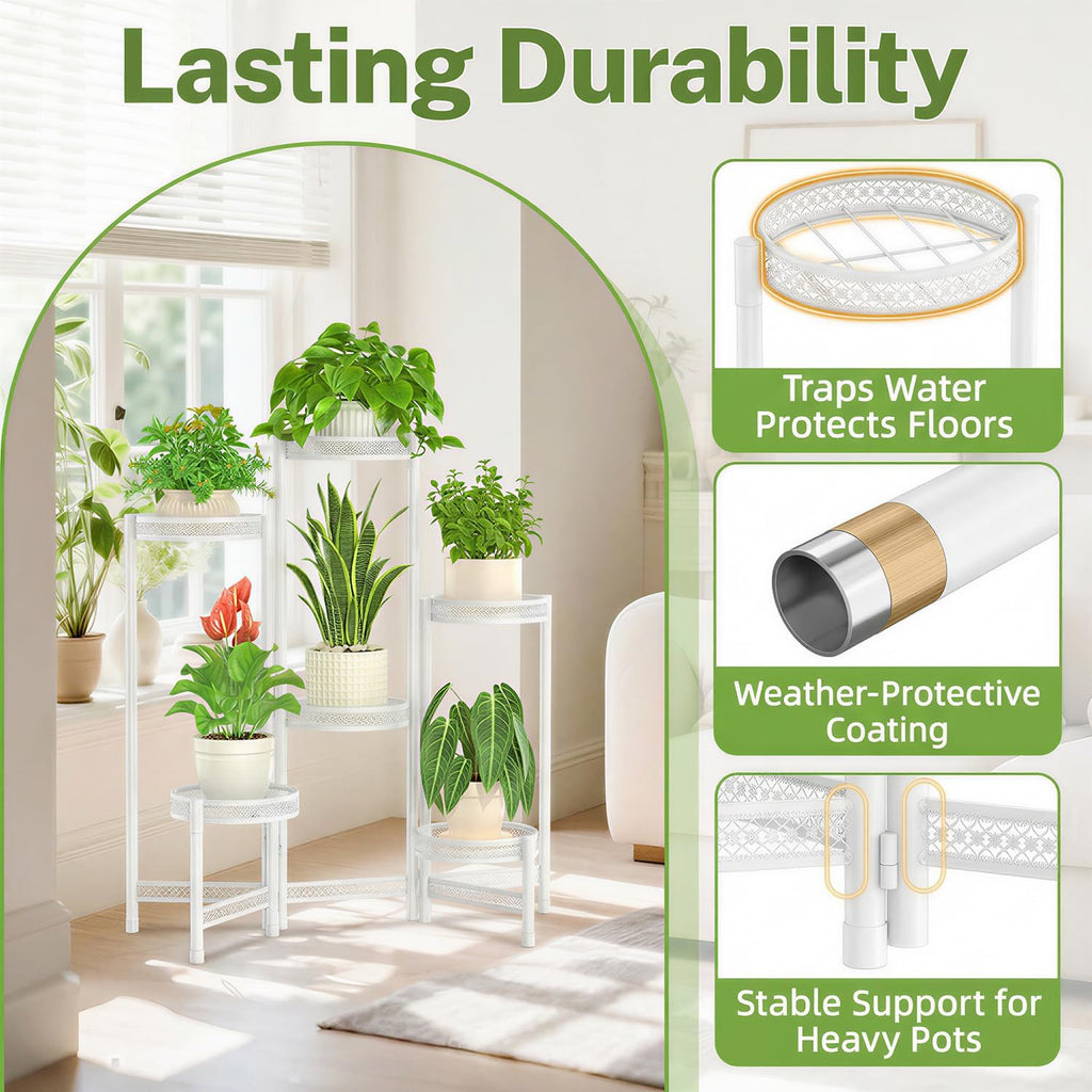 iDavosic.ly Plant Stand Indoor Outdoor, 6 Tier Iron Corner Shelf, White | Tiered Tall Flower Display Holder, Folding