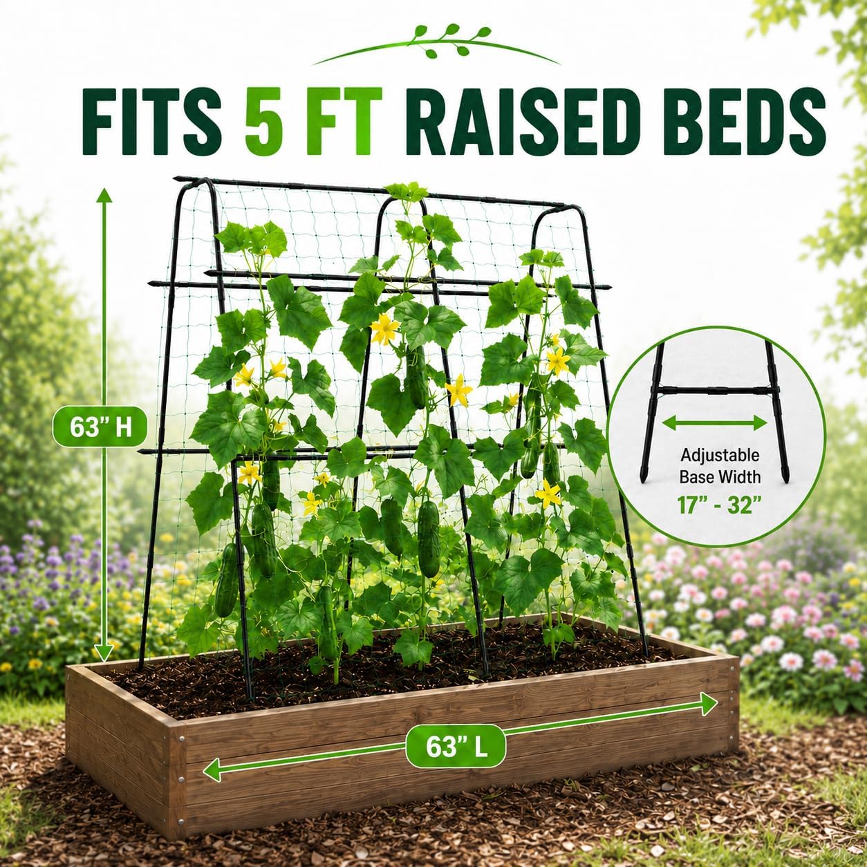 63x63 Cucumber Trellis for Raised Garden Bed, Black | Adjustable Garden Arch Trellis for Climbing Plants Outdoor, Metal