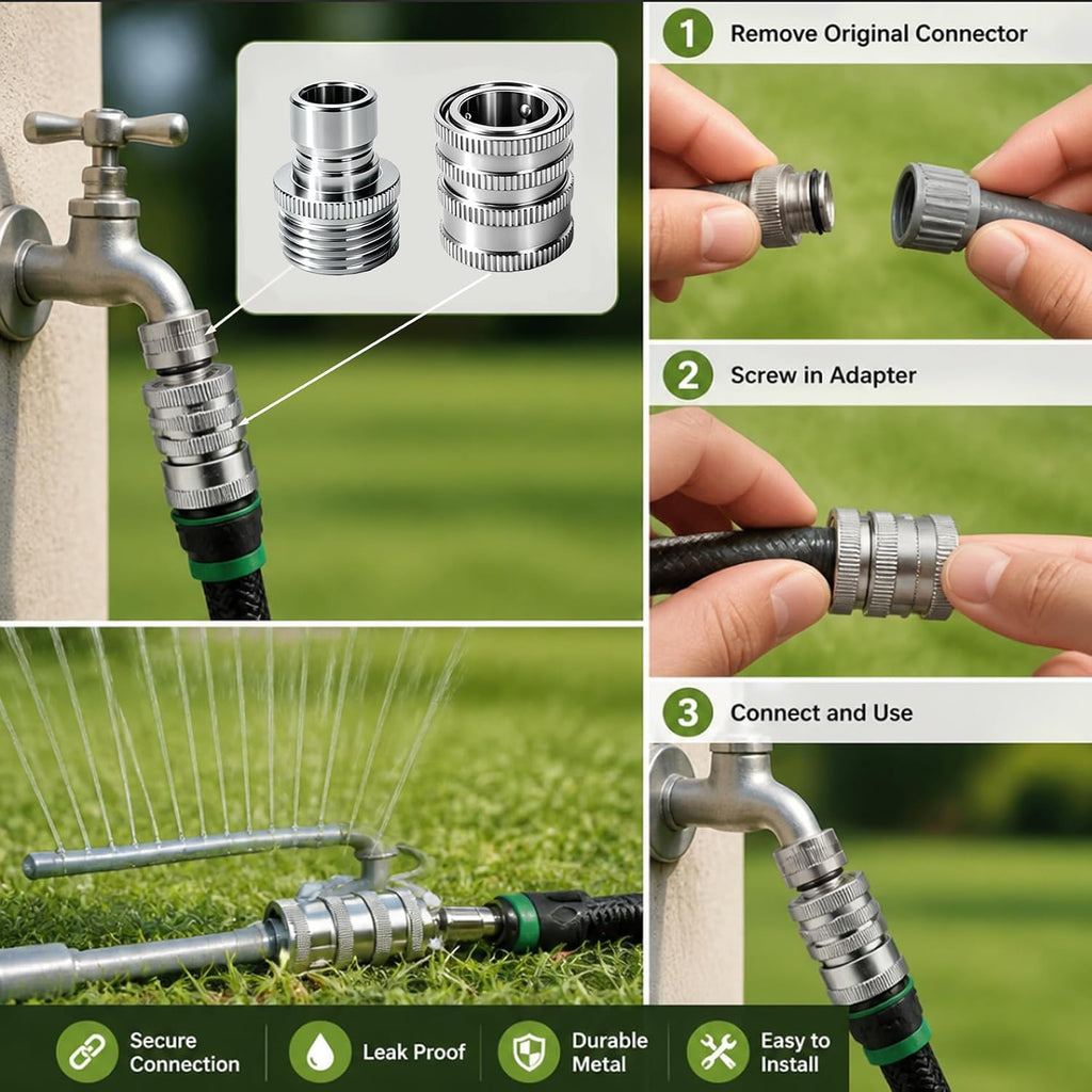 5 Pack Stainless Steel Garden Hose Quick Connect Fittings Set - Quick Connect Hose Fittings, Heavy-Duty 1/2" to 3/4"