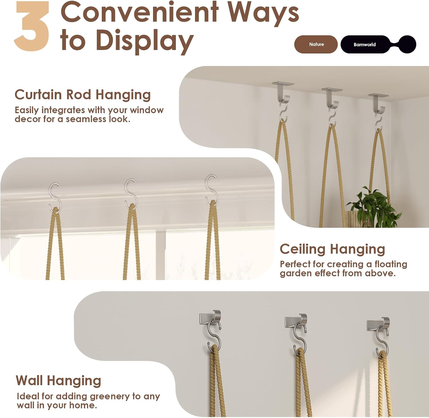 Bamworld Hanging Shelves Plant Hanger Indoor Window Plant Shelves | Wood Plant Wall Shelf Window Sill Plant Shelf