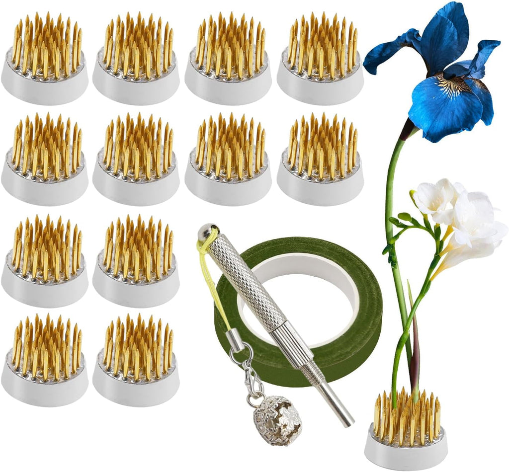 16pcs Flower Floral Frog Round Holder Includes 12pcs D23 Copper Pin Arranger+2pcs Kensan Copper Pin Arranger+1*Roll of 42.65ft Tape+1*Silver Corrector with Bell