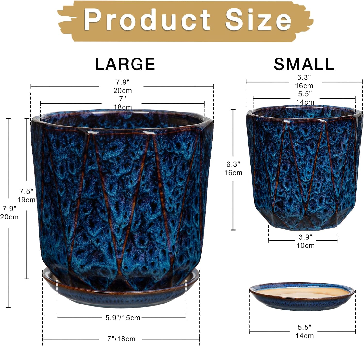 Oairse Ceramic Pots for Plants, 8+6 inch Plant Pots with Drainages Holes & Saucers Large Blue Ceramic Planters