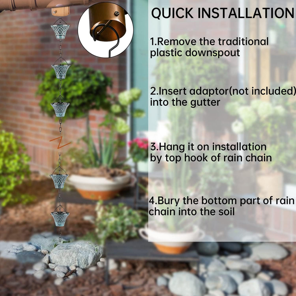 Tfro & Cile Rain Chain Gutter Downspout Catcher Outside Water Diverter Decorative Garden Rain Cups Chime Home Decor - 8