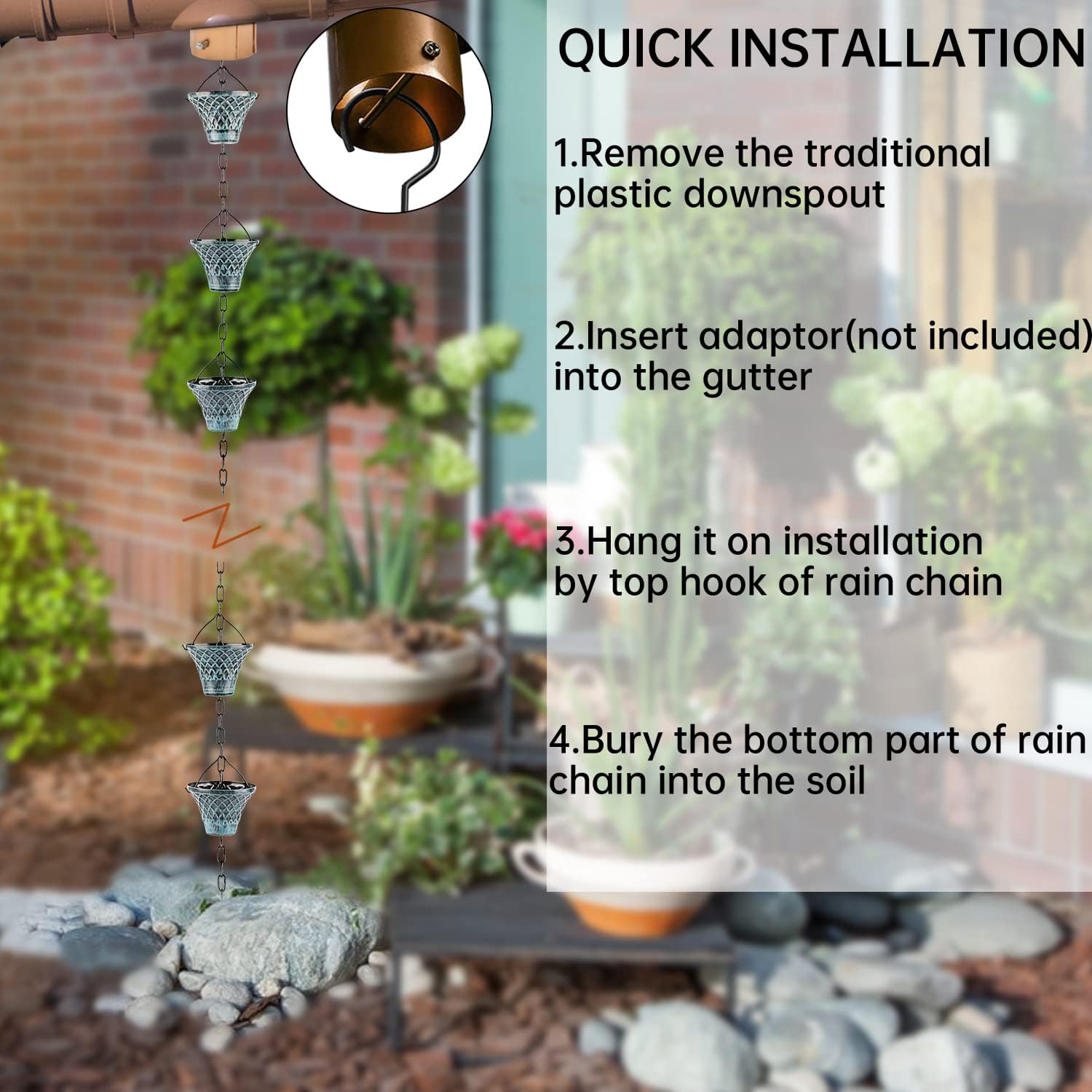 Tfro & Cile Rain Chain Gutter Downspout Catcher Outside Water Diverter Decorative Garden Rain Cups Chime Home Decor - 8