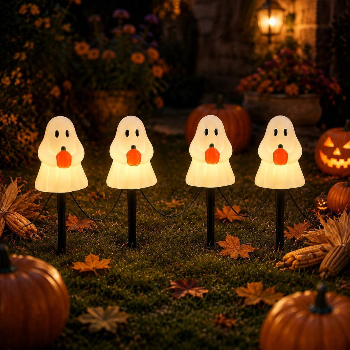 10.5FT Halloween Ghost Pathway Lights, 5 PK Plug in LED Ghost Stake Lights