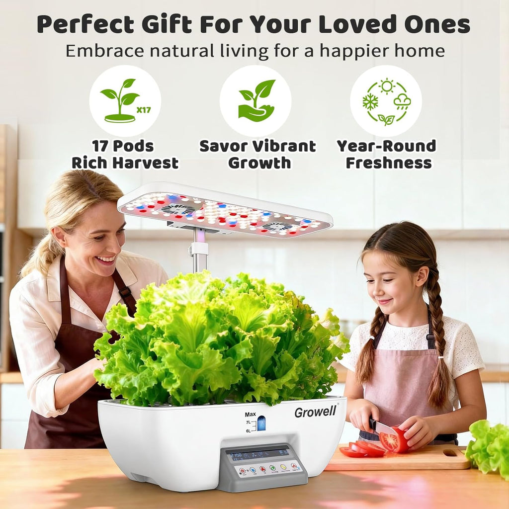 Growell 17 Pods Hydroponics Growing System Kit, Indoor Garden with 2 Fans | for Airflow & Anti-Mold, LED Grow Light