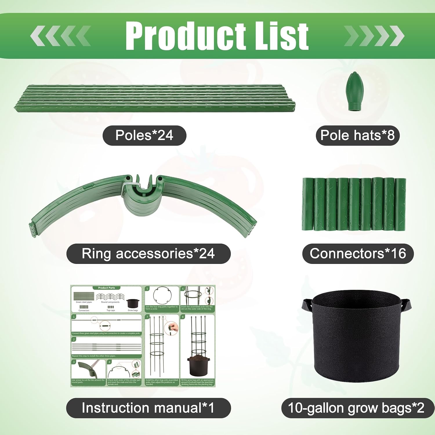 2 Sets Sturdy Tomato Cage with 10 Gal Grow Bags - 48.5" Plants Garden Trellis Planter Kit, Support for Indoor Outdoor