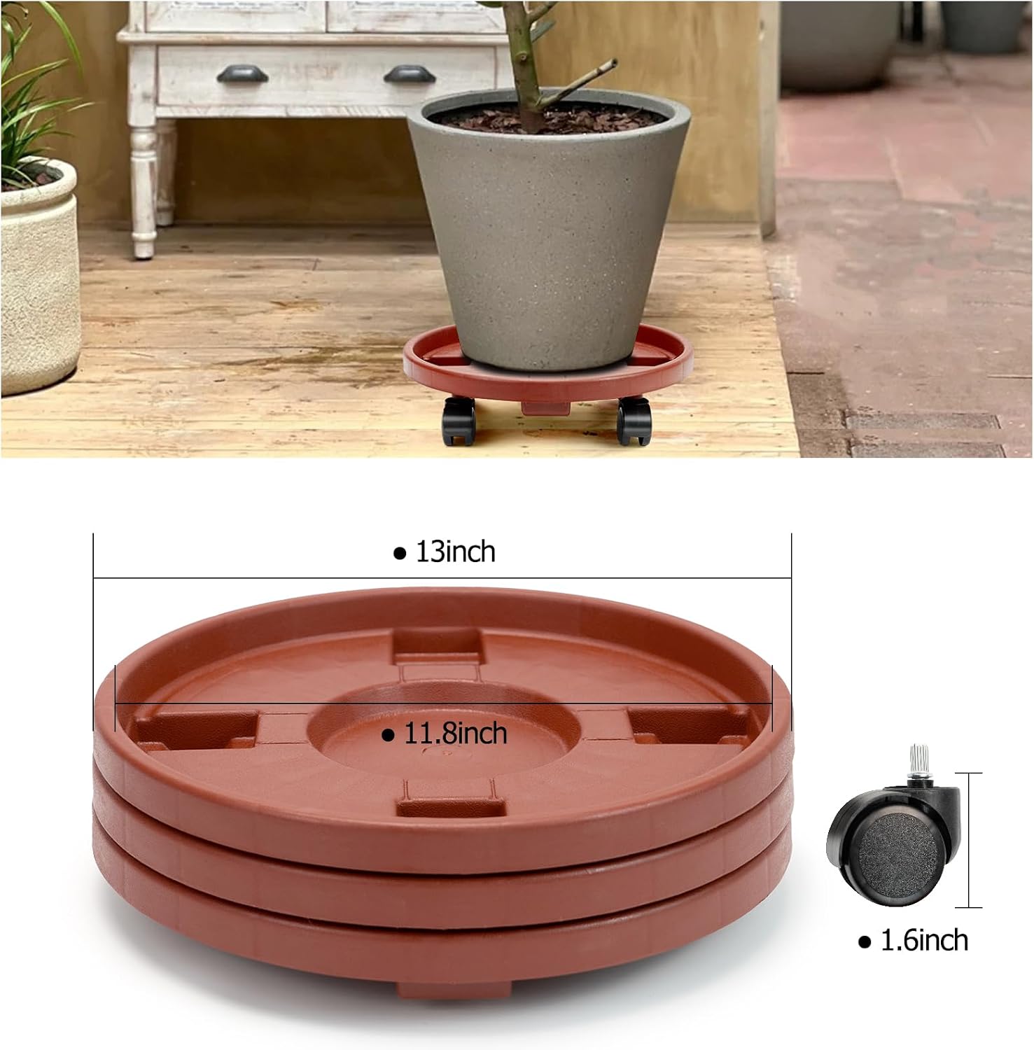 Plant Caddy with Wheels, 13 inch Rolling Plant Stands, 3 Pack | Round Plant Stand Dolly for Outdoor Indoor Heavy