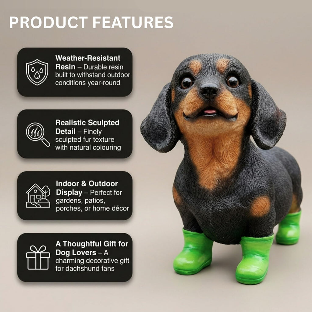 Dachshund Garden Statue in Boots – 10" Cute Wiener Dog Ornament for Yard Decor & Garden Art – Resin Sausage Figurine