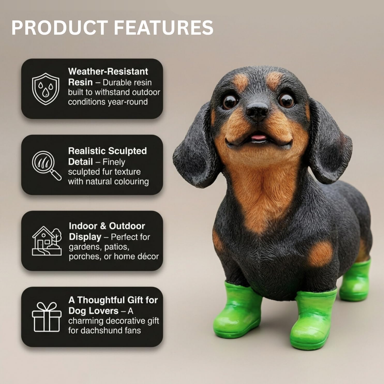 Dachshund Garden Statue in Boots – 10" Cute Wiener Dog Ornament for Yard Decor & Garden Art – Resin Sausage Figurine