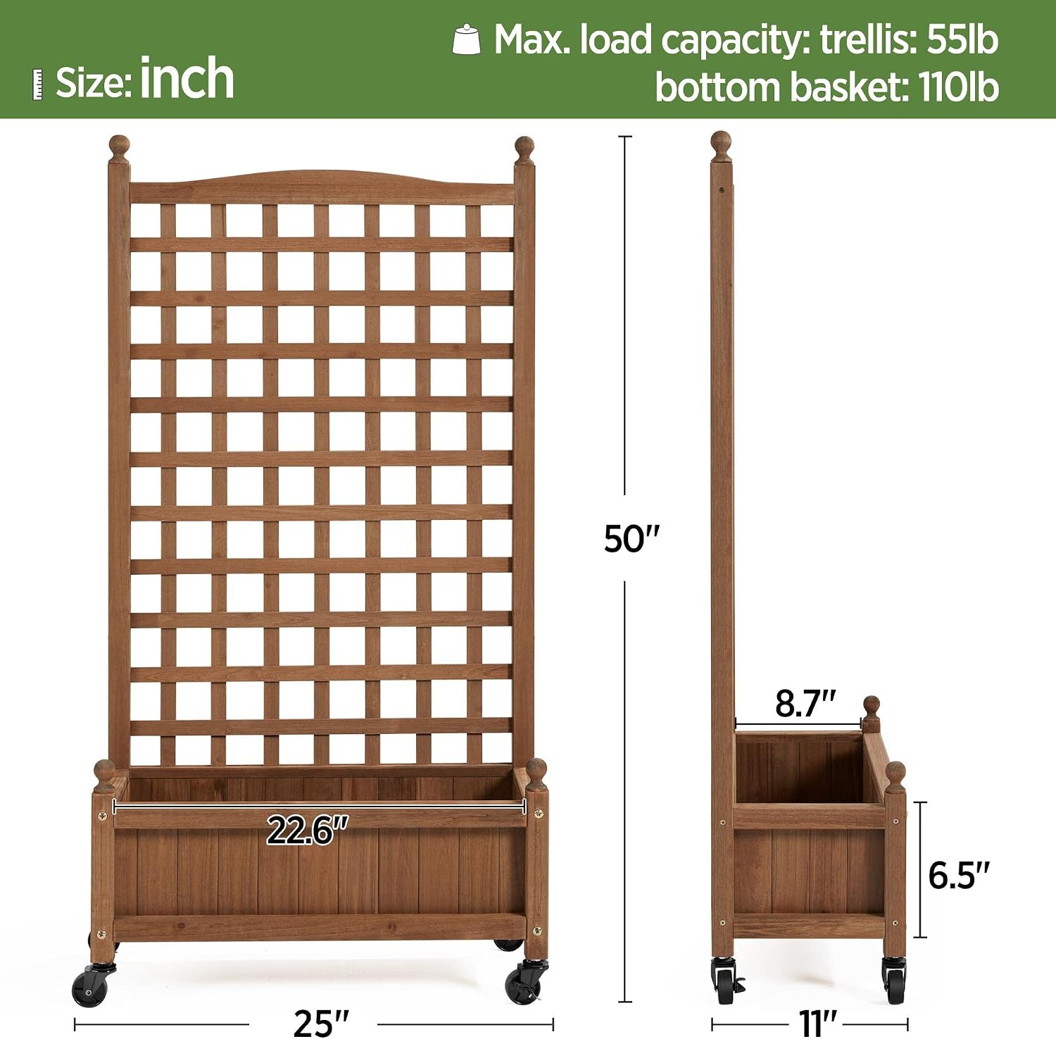 Yaheetech Planter Box with Trellis 50" Rolling Raised Garden Bed on Wheels | Rolling planter with trellis supports