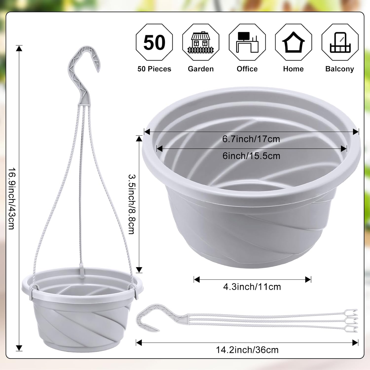 Tioncy 50 Pcs Plastic Hanging Planter Round Hanging Pot for Plants Containers with Hook Flower Plant Pots Holders for