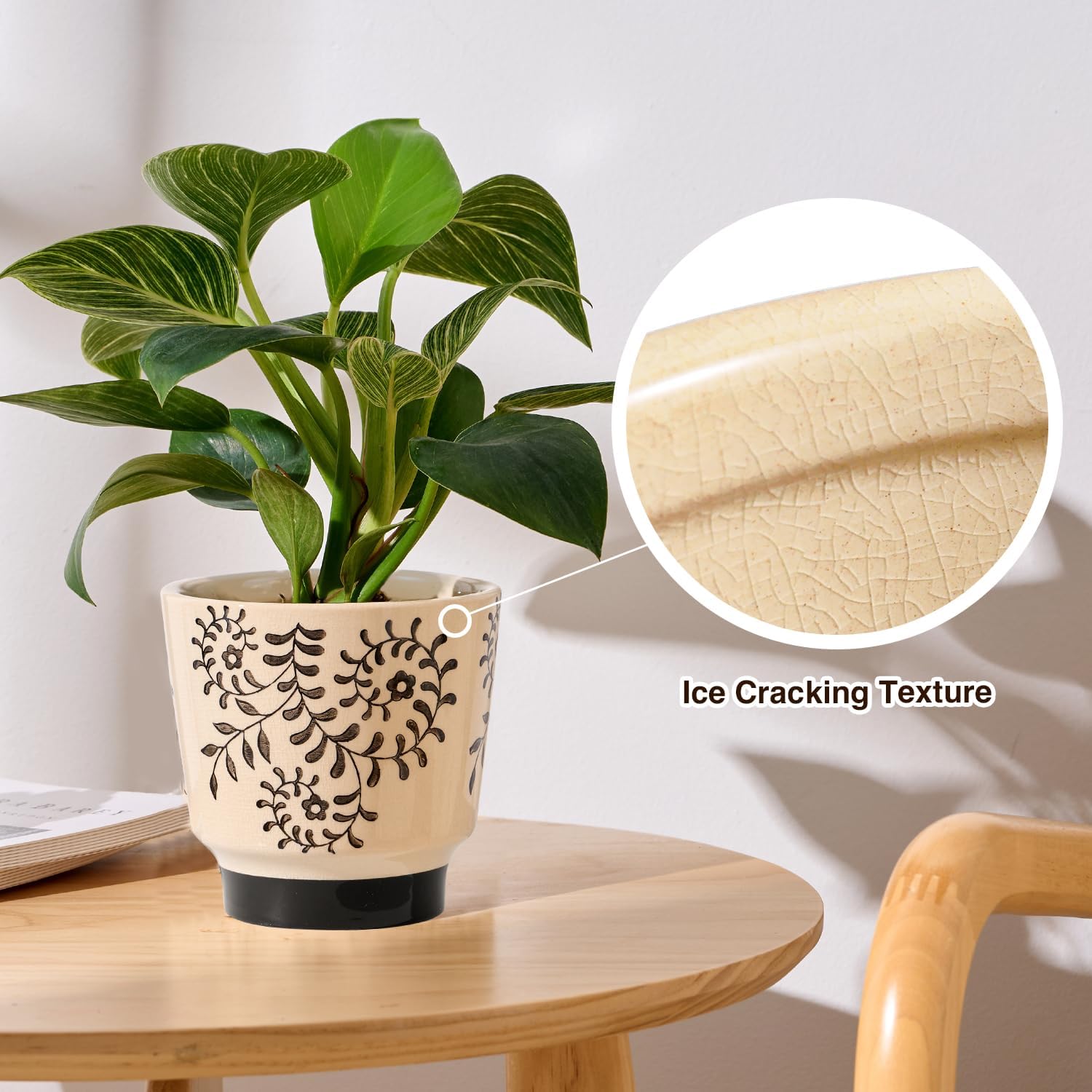 STHIE Indoor Ceramic Plant Pots with Drainage Holes, 5 Inch, Leaf Design | Handmade Hand-painted Cute Planter Pots for