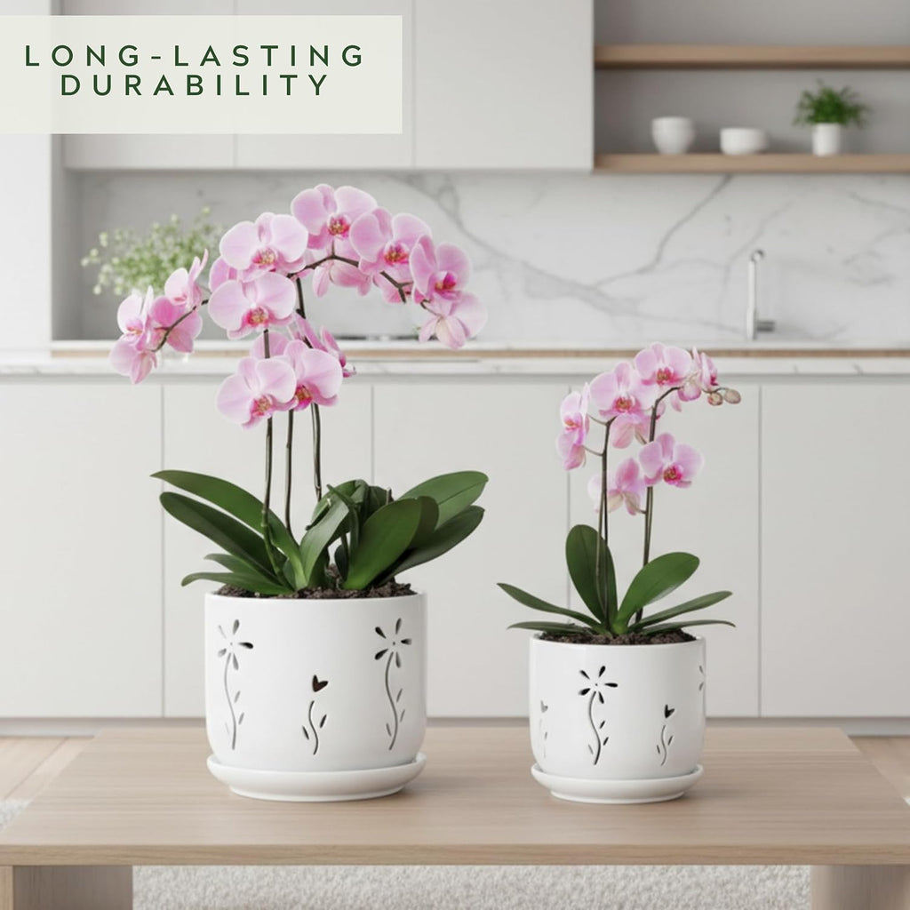 2 Pack, 5 + 6 Inch White Orchid Pots with Holes and Saucer, Ceramic Orchid Planters for Repotting with Drainage Holes