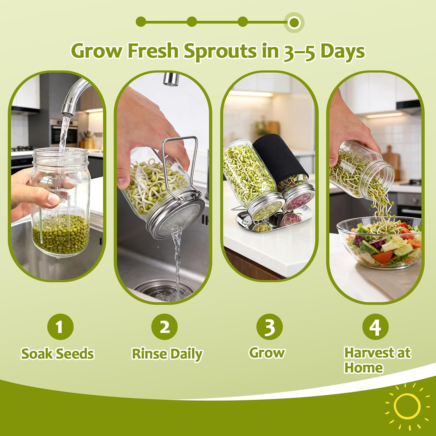 Sprouting Jar Kit, Stainless Steel Sprouting Lids with Stand, 2 Pcs | Sprouting Kit with Glass Mason Jars &