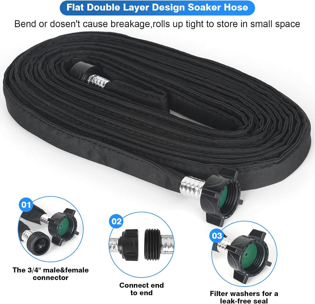Flat Soaker Hose 50FT x 2 PACK,Drip Hose for Garden Beds Linkable Irrigation System Lightweight and Easy Watering for