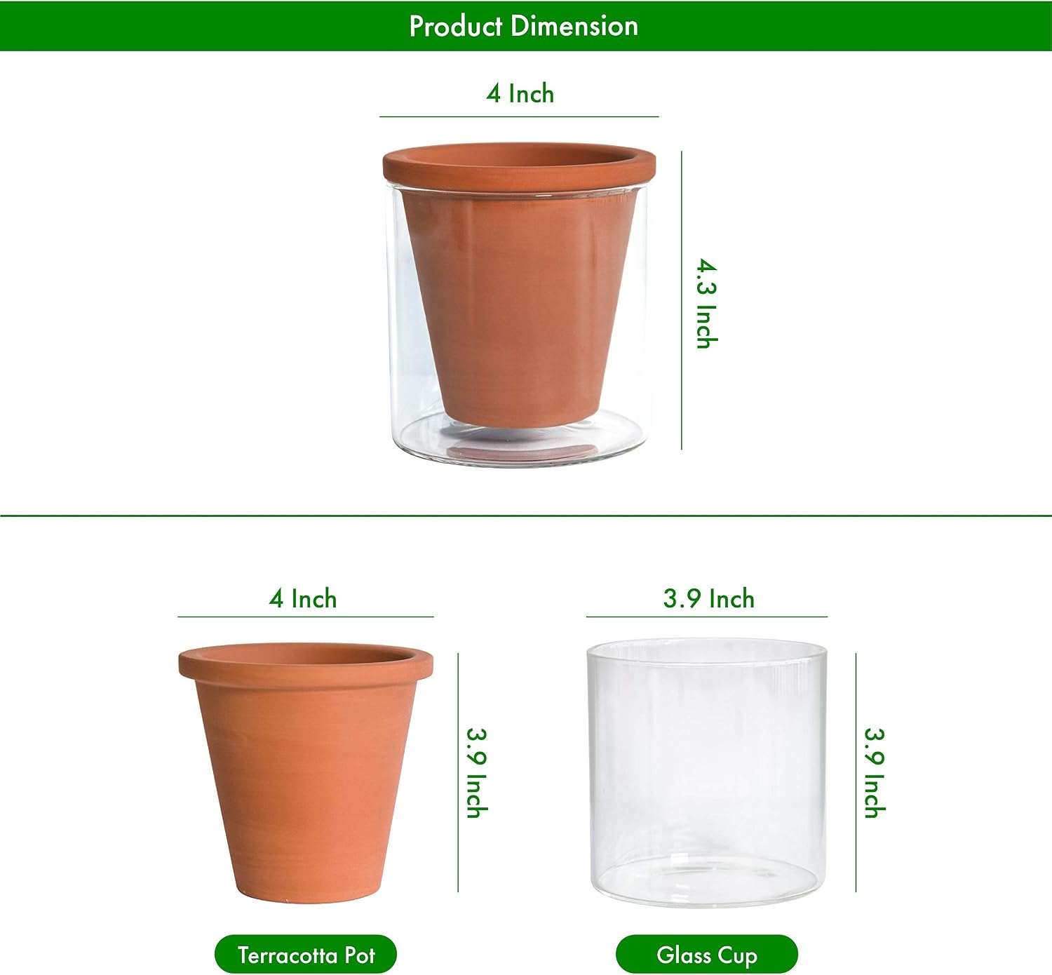 D'vine Dev Self Watering Terracotta Planter Pot, 4 in, 4-Pack, 37-Z-A-1-F | Terracotta & Glass Design, Clear Water