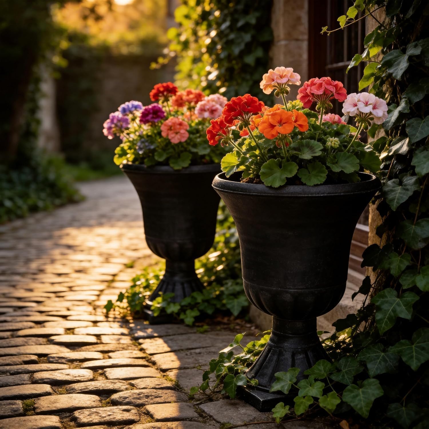 Autodaya 22" Tall Urn Planters for Outdoor Plants Set of 2 Large Flower Pot | 3D Textured Washed Black Pedestal Outdoor