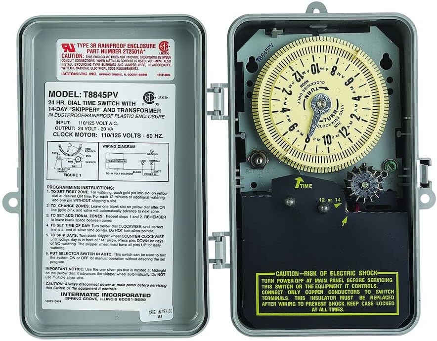 Intermatic T8845PV Mechanical Irrigation Timer, SPST 125V | Flexible Watering Cycles with Rain-Sensor Compatibility