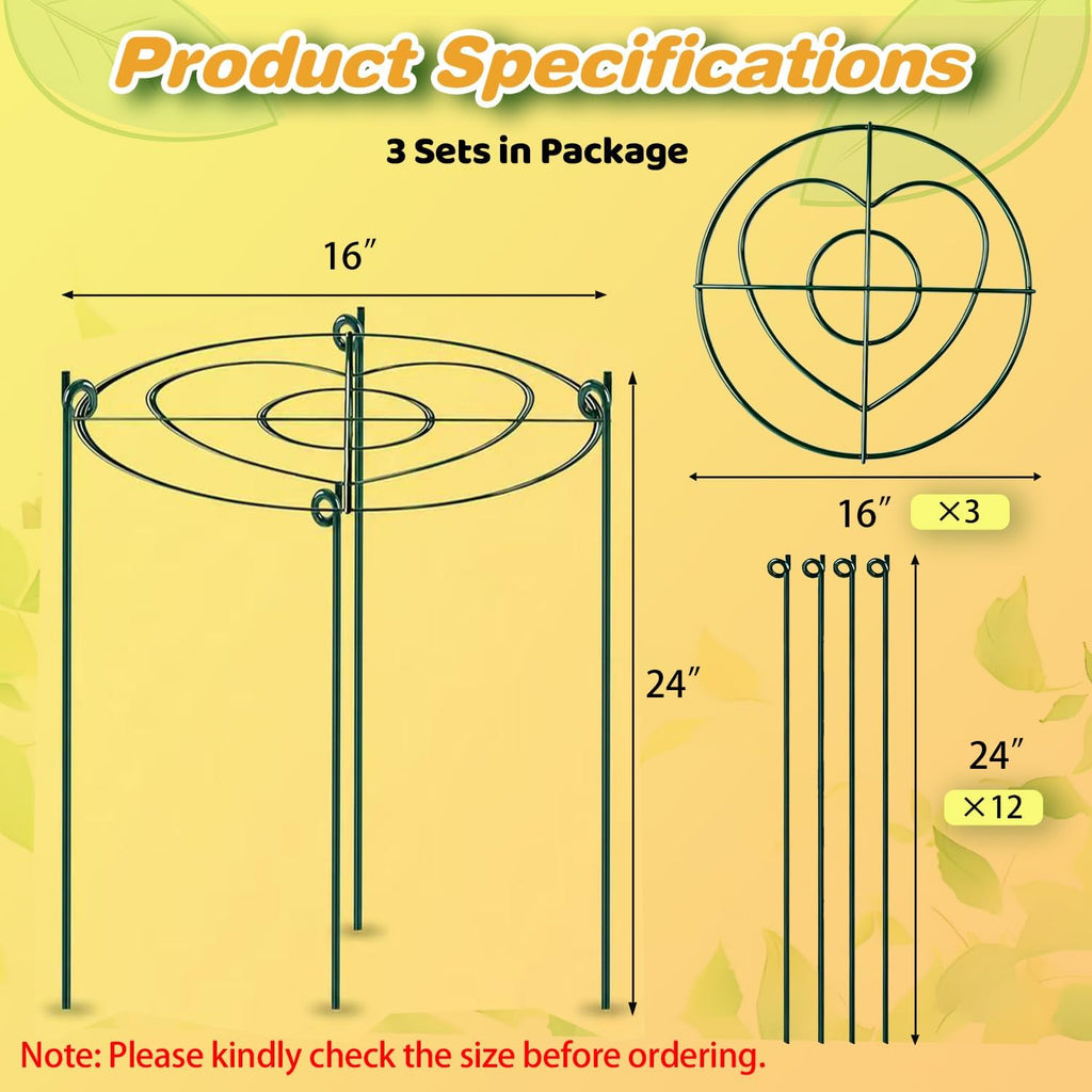 (3 Sets) Peony Cages and Supports, 16" Diameter, 4 x 24 Inches Legs, Heavy Duty Rust-Proof Grow Through Plant Support