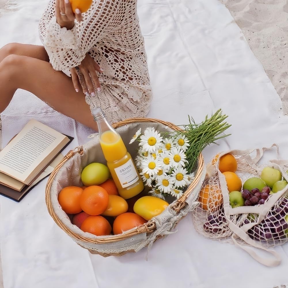 Large Wicker Woven Picnic Basket w/Handle for Camping & Harvest | White Floral Lining, Removable & Washable; Ideal for