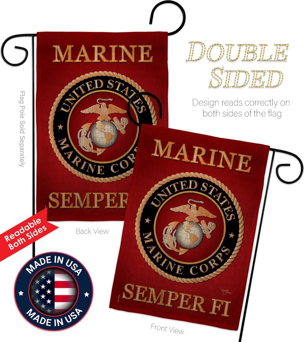 Marine Corps Burlap Garden Flag - Set with Stand Armed Forces USMC Semper Fi United State American Military Veteran