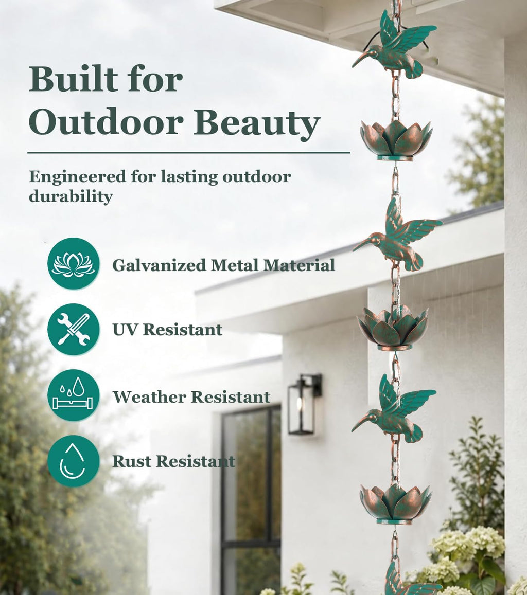 shumi Rain Chain for Gutters, 8.8 FT Decorative Heavy Duty Rain Chain | 12 Hummingbird & 12 Lotus Cups, Copper Plated