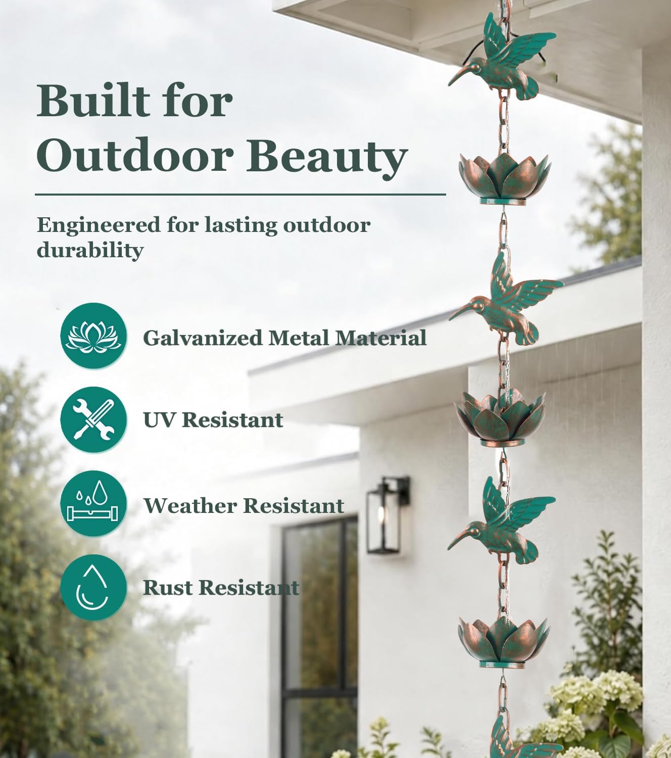 shumi Rain Chain for Gutters, 8.8 FT Decorative Heavy Duty Rain Chain | 12 Hummingbird & 12 Lotus Cups, Copper Plated