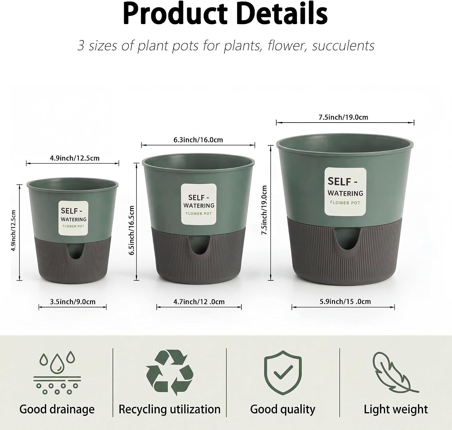 Self Watering Pots for Indoor Plants, 3 Pack (7.5/6.3/5 Inch) Bottom Watering Planters with Drainage & Deep Reservoir