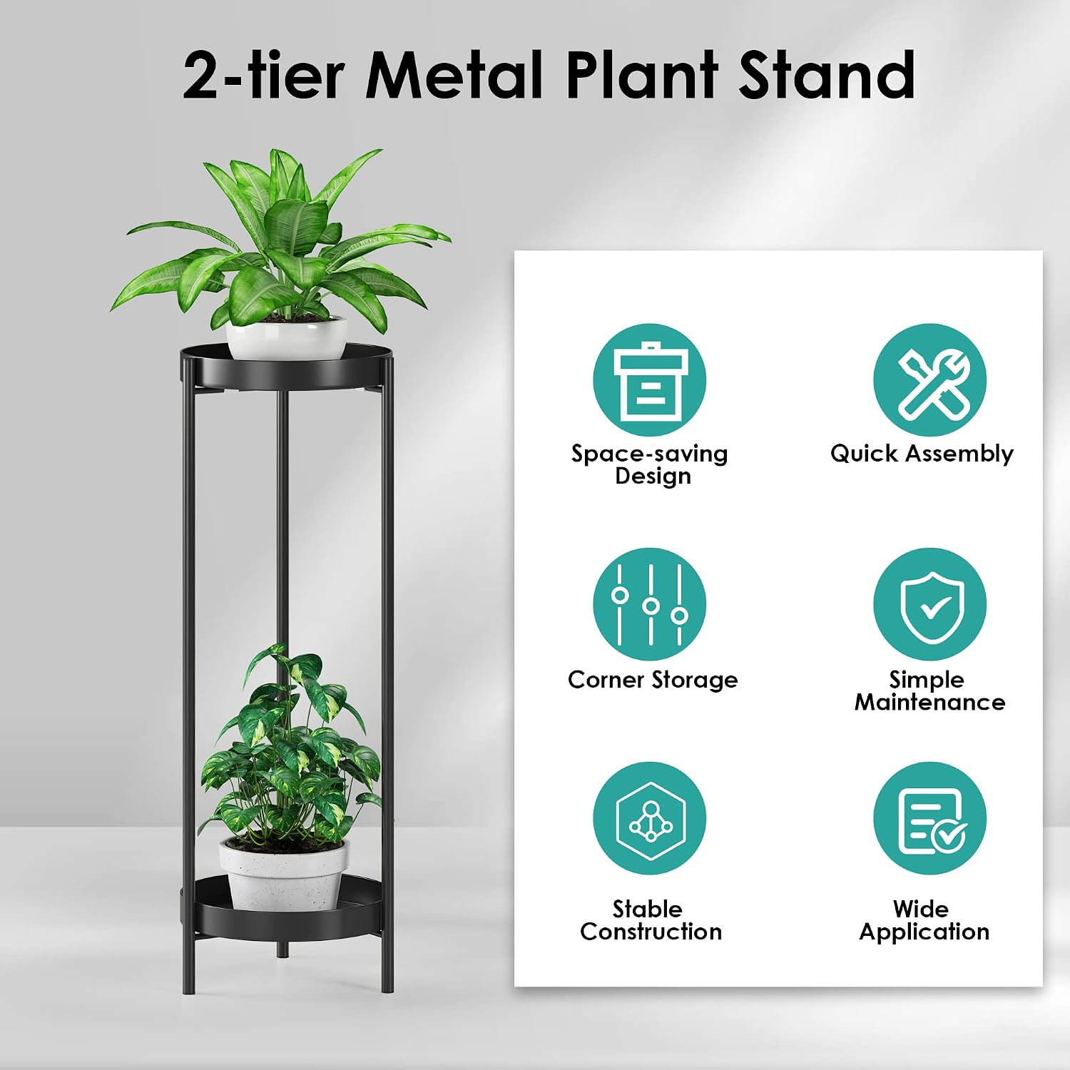 Black Plant Stand 30 Inch – Metal Flower Pots Plant Stand | Plant Shelf for Multiple Plants,2 Tier Removable Display