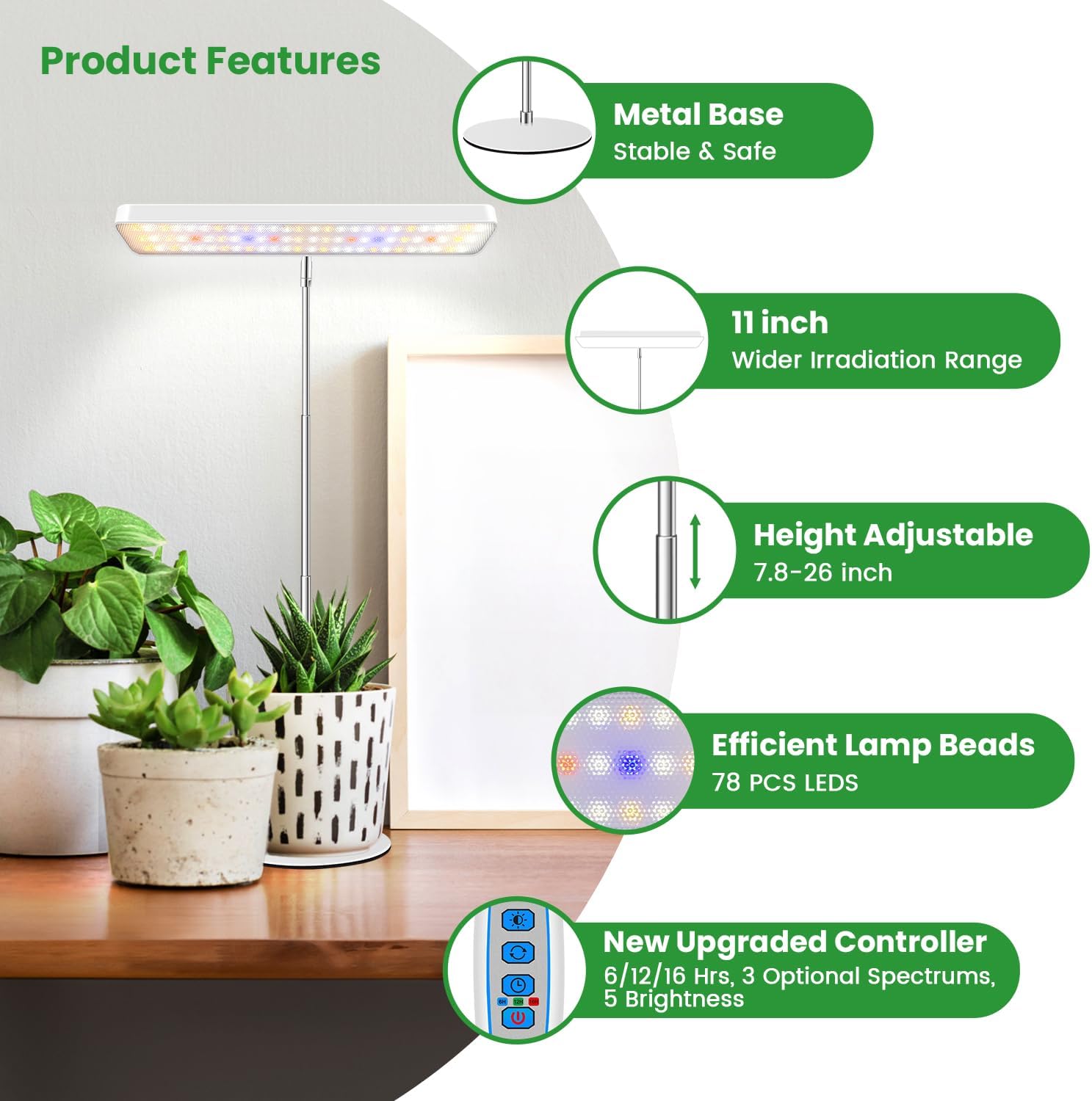 Wiaxulay Plant Grow Light, 11in Full Spectrum for Indoor Plants with Base | Desk Growing Lamp with Metal Base, 7.8-26in