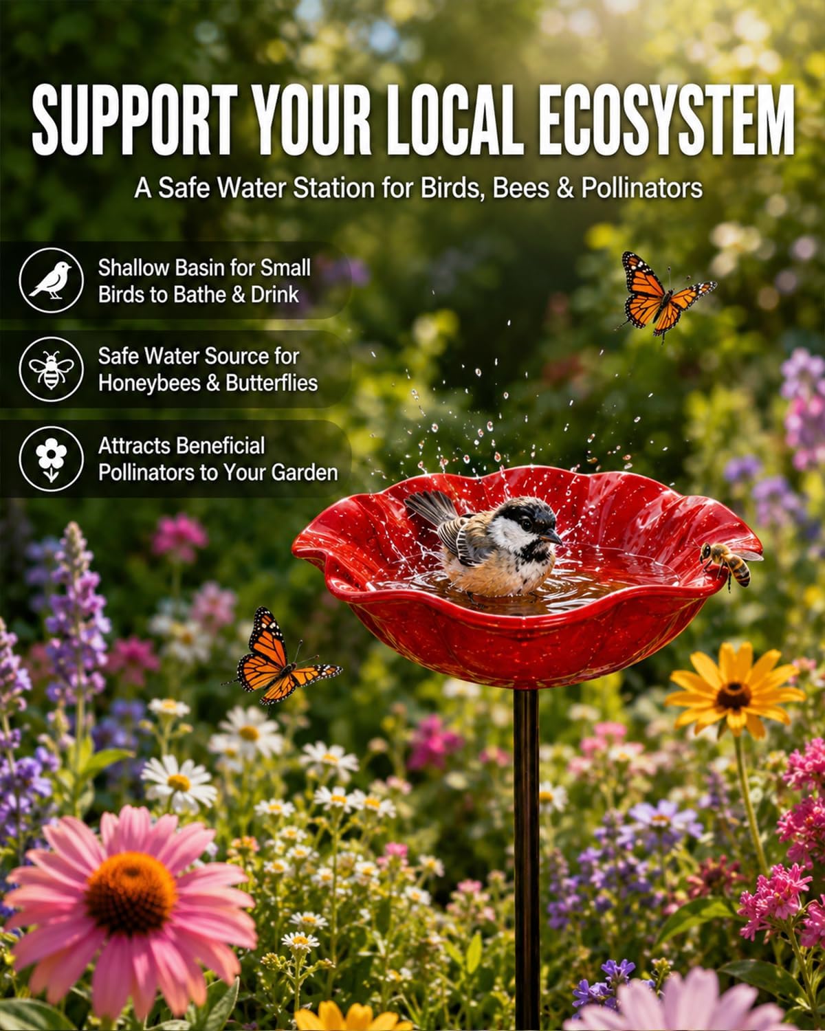 Handmade Metal Flower Garden Stakes, Outdoor Mini Bird Bath Decor, Bee Watering Station for Bird, Pollinator &