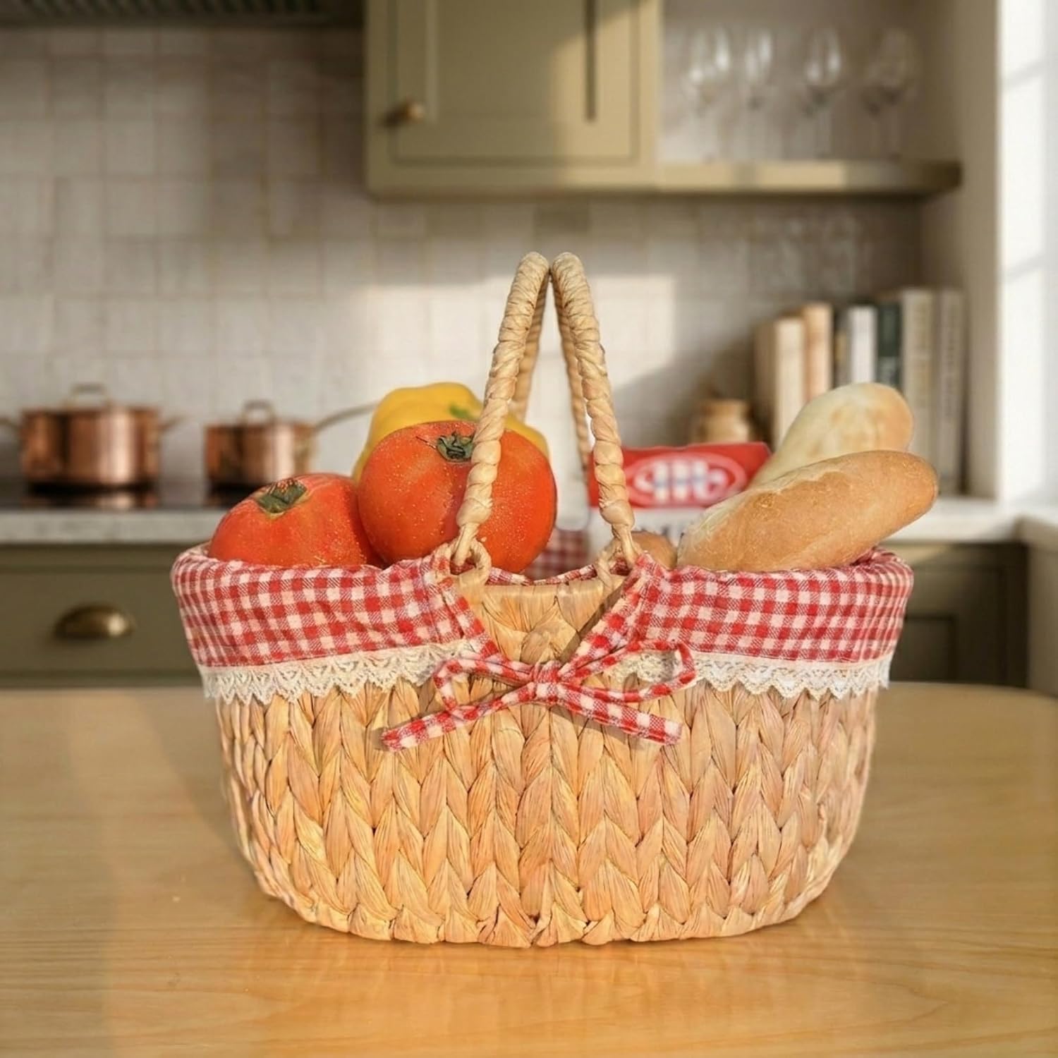 Wicker Basket with Handles and Lining, Handwoven Water Hyacinth Picnic Hamper, Oval Basket for Camping, Outdoor, Fruit