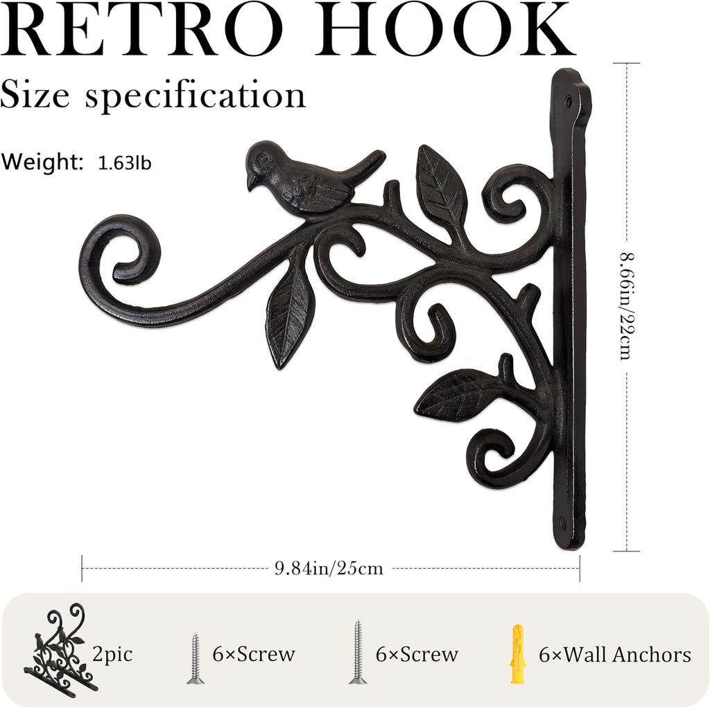 Wrought Iron Plant Hanger, Vintage Bird & Leaf Cast Iron Wall Mounted Plant Hanger, Heavy Duty Outdoor Hanging Brackets