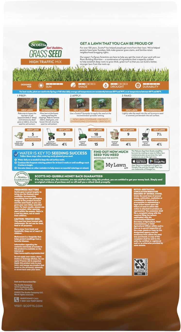 Scotts Turf Builder Grass Seed High Traffic Mix, 5.6 lbs. | Grass Seed Plus Lawn Fertilizer and Soil Improver