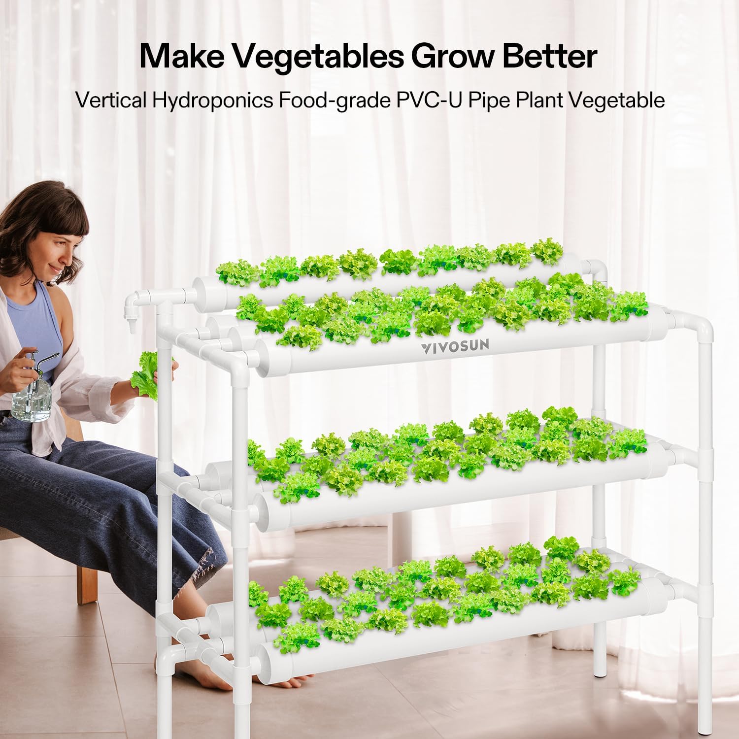 VIVOSUN Hydroponics Growing System 90 Plant Sites, 3 Layers 10 Food-Grade PVC-U Pipes Hydroponic Gardening System Grow