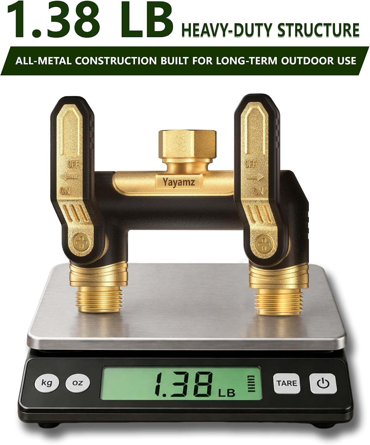 Garden Hose Splitter 2 Way, Heavy Duty Metal Water Hose Spigot Splitter | Shut Off Valves,3.6" Easy-Turn Handles,Full
