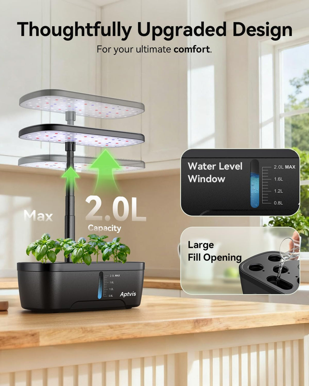 Hydroponics Growing System, 6 Pods Smart Indoor Herb Garden - Black | LED Grow Light, Auto Timer, Height Adjustable