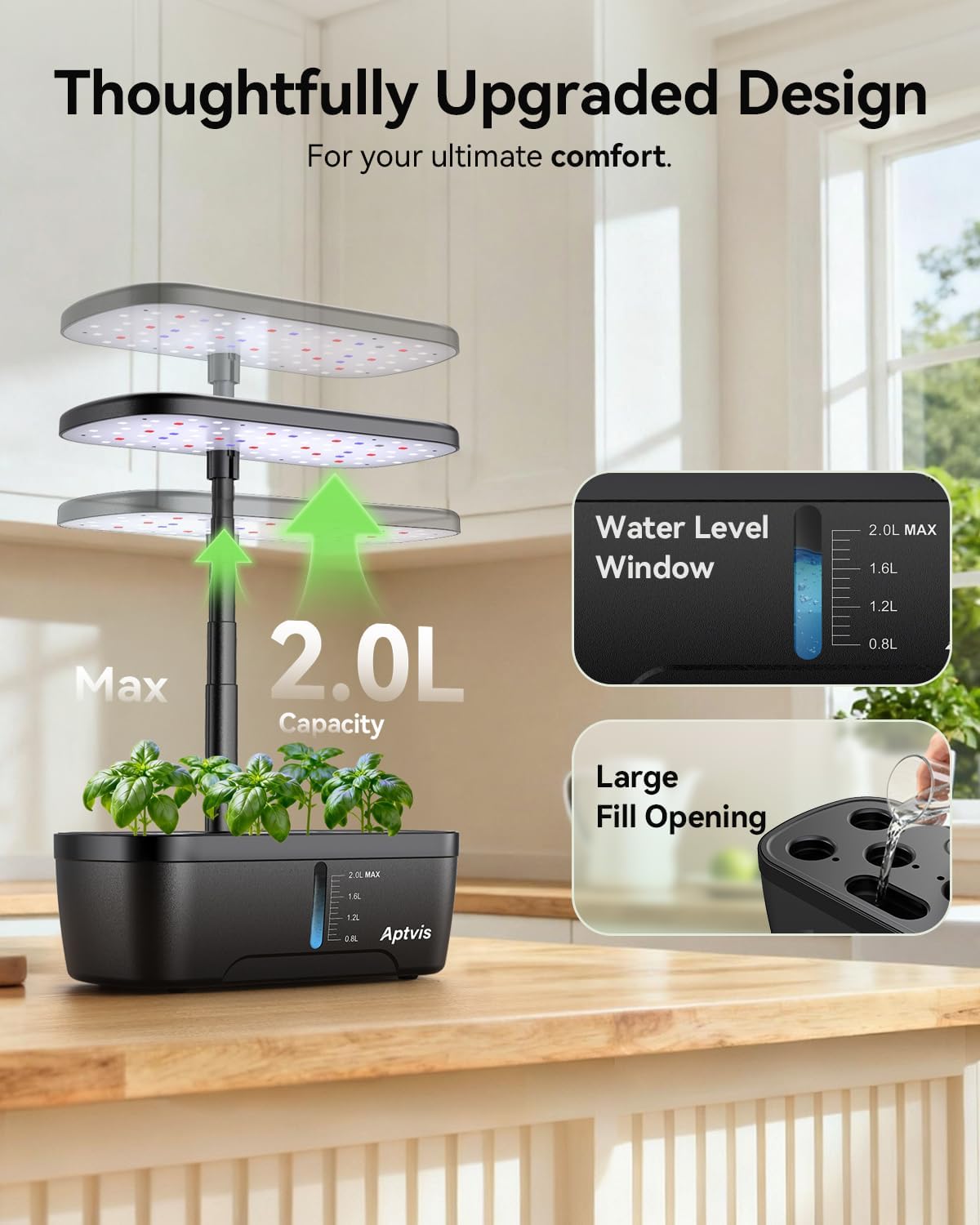 Hydroponics Growing System, 6 Pods Smart Indoor Herb Garden - Black | LED Grow Light, Auto Timer, Height Adjustable