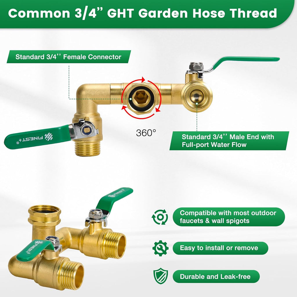 2 Way Brass Garden Hose Splitter Heavy Duty, 360° Rotatable Y Valve, Full Flow Large Ball Valve, 304 Stainless Steel